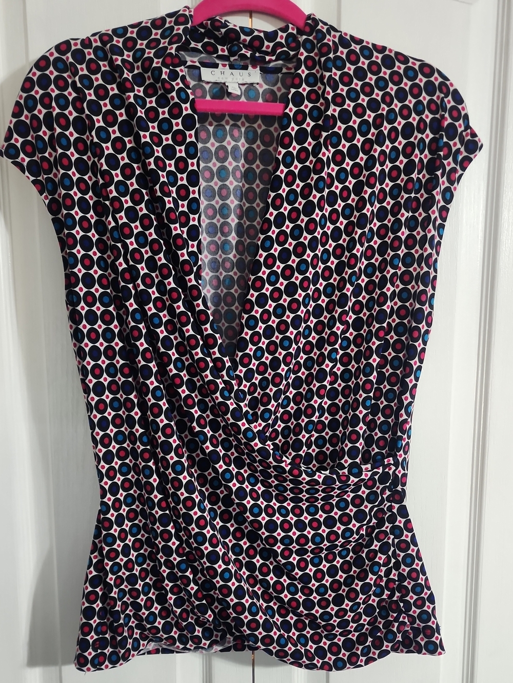 Chaus Black, Royal, Pink & White Dot Wrap-Style Blouse